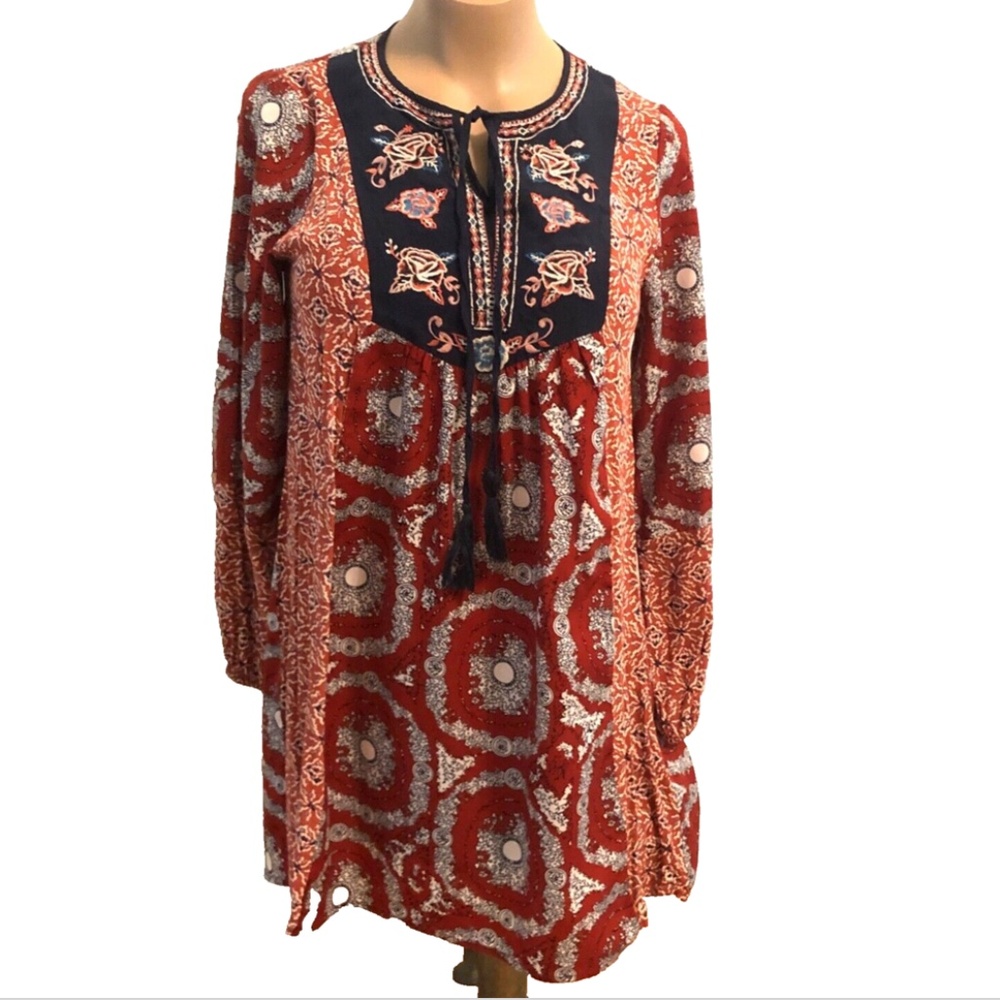 Women’s Red Geometric Relaxed Fit Boho Tunic
